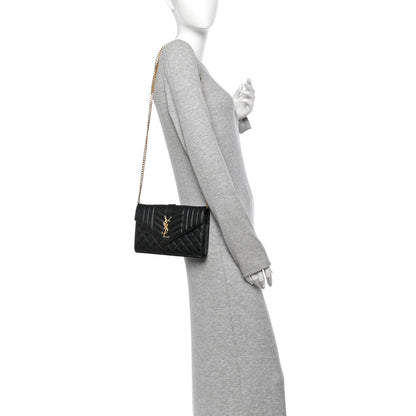 Saint Laurent Grain De Poudre Mixed Matelasse Triquilt Monogram Chain Wallet Black 2 of 10