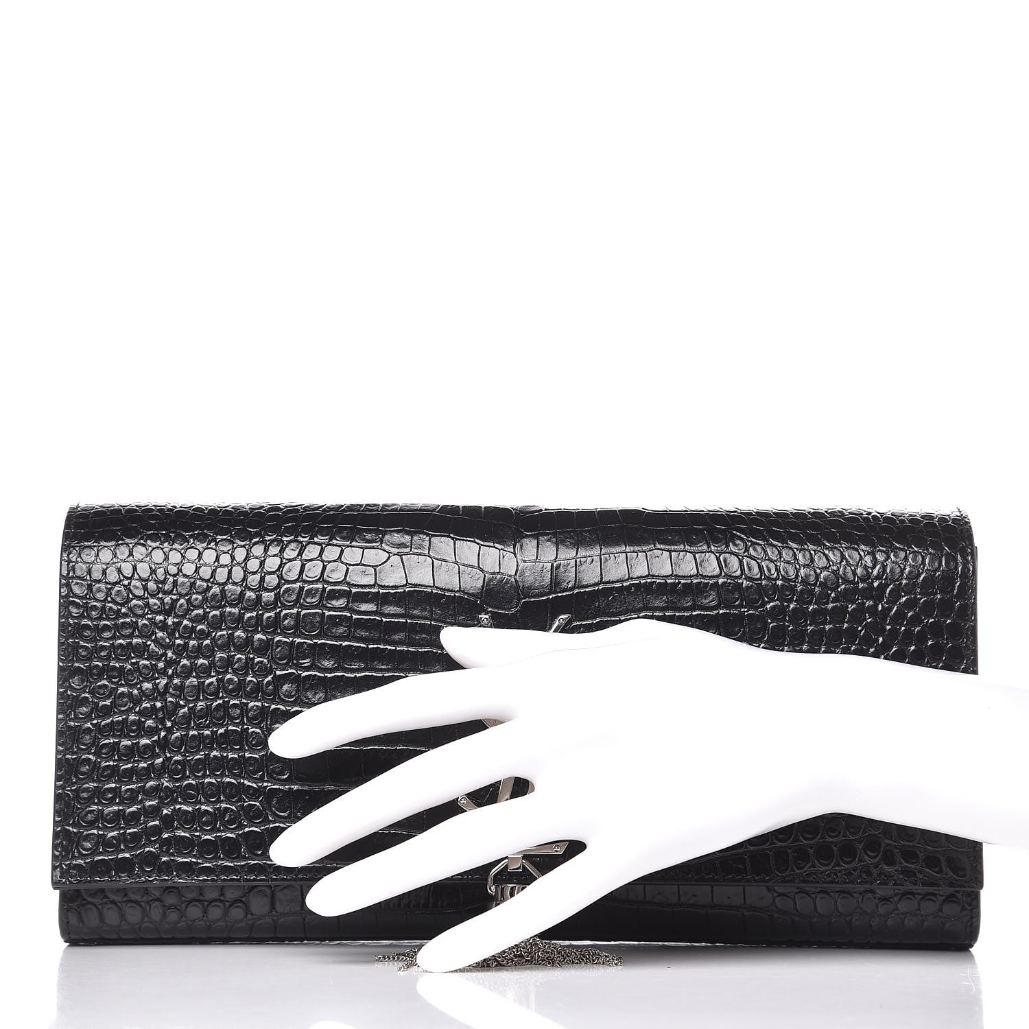 Saint Laurent Calfskin Crocodile Embossed Classic Monogram Tassel Clutch Black 2 of 7