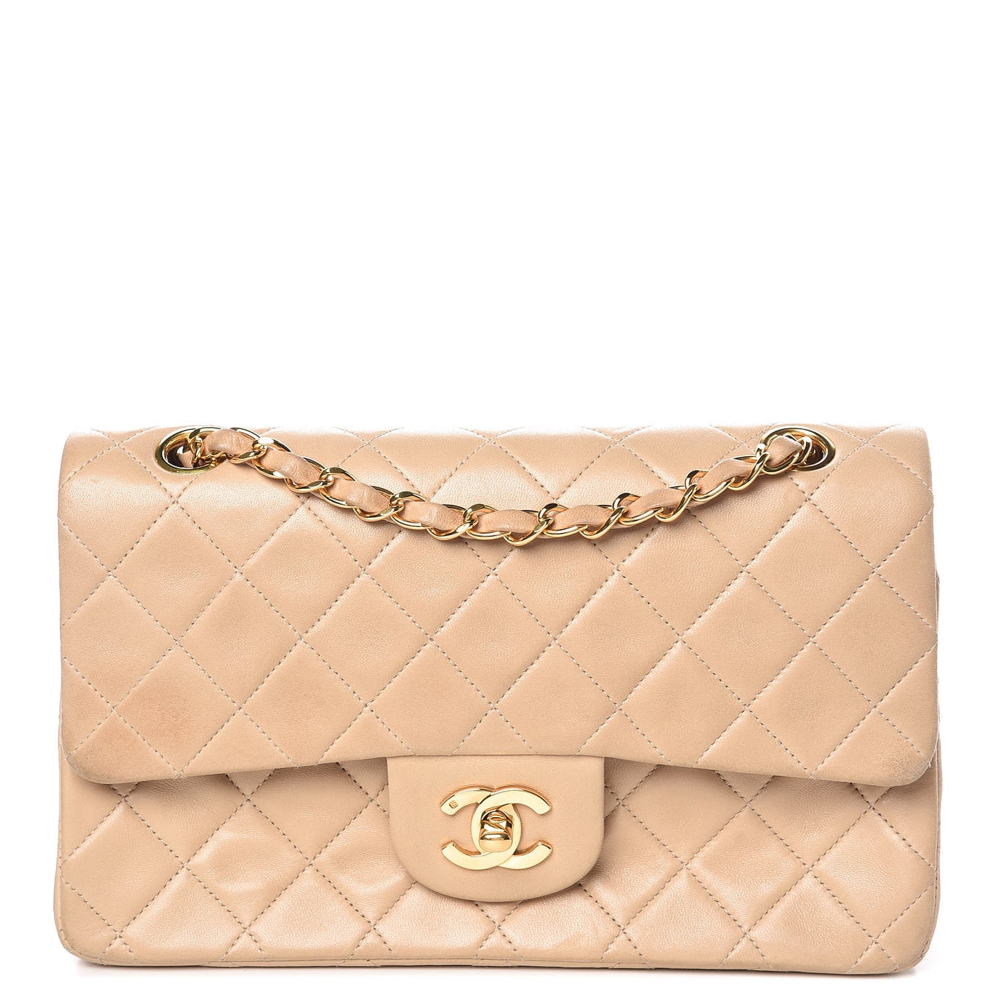 Lambskin Quilted Small Double Flap Beige
