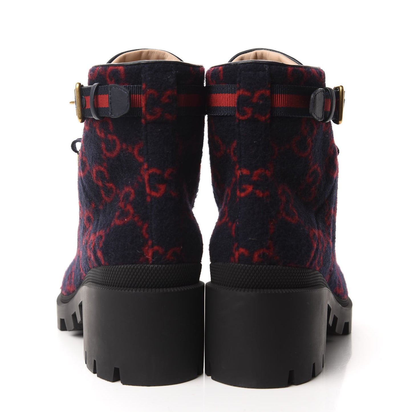 Covered Wool Big GG Monogram Womens Lace Up Combat Ankle Boots 42 Blue Red