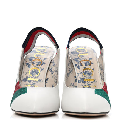 Gucci Calfskin Glitter Web High Heel Slingback Pumps 39 White 2 of 4