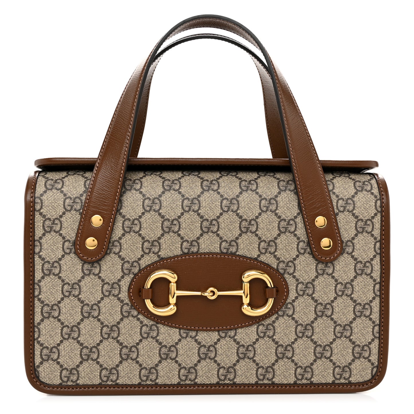 GG Supreme Monogram Azalea Calfskin Small Horsebit 1955 Foldover Top Handle Bag Beige Ebony Brown Sugar