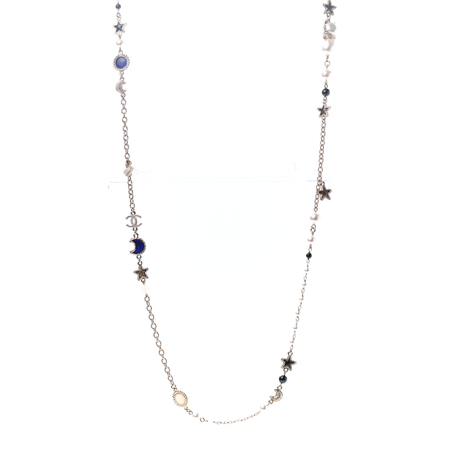 Chanel Pearl Crystal Poured Glass CC Star Moon Necklace Gold Black Multicolor 1 of 6
