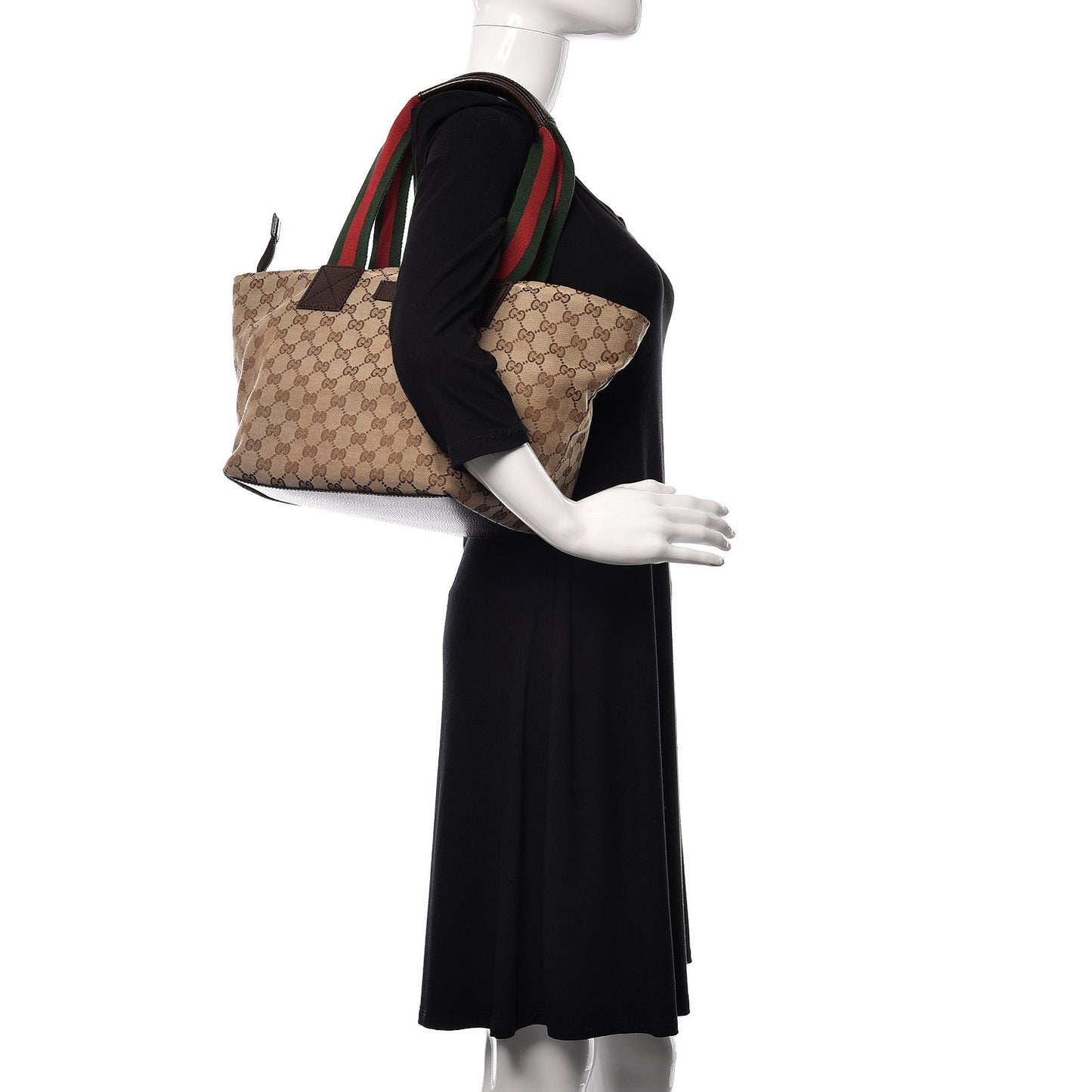 GG Monogram Medium Web Handle Bucket Tote Dark Brown