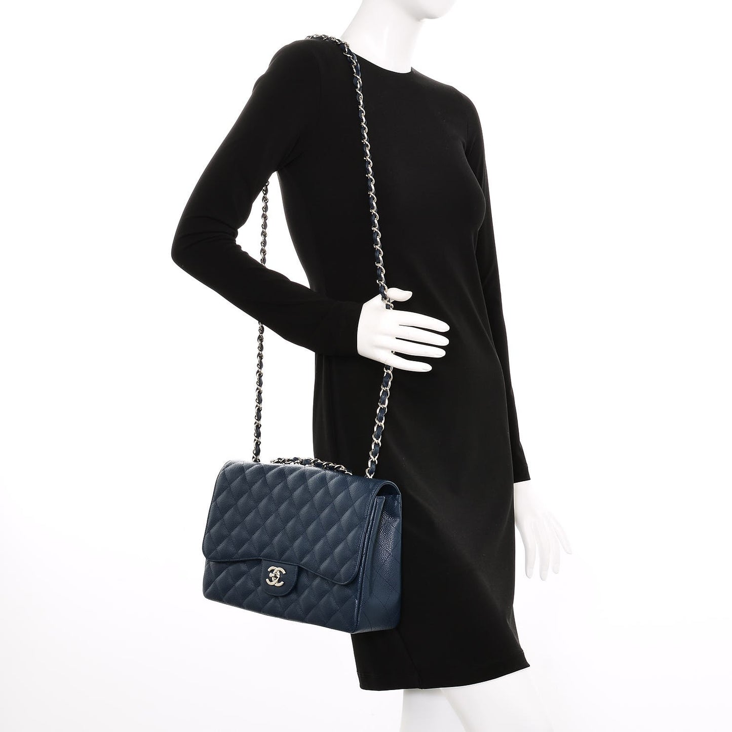 Caviar Jumbo Single Flap Navy Blue