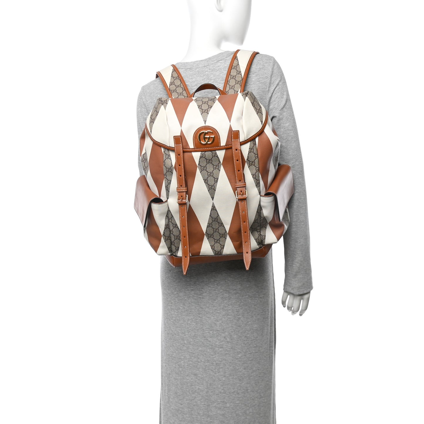 GG Supreme Monogram Calfskin Rhombus Print Medium Ophidia Double Buckle Backpack Beige Ebony Mystic White Hazel Brown