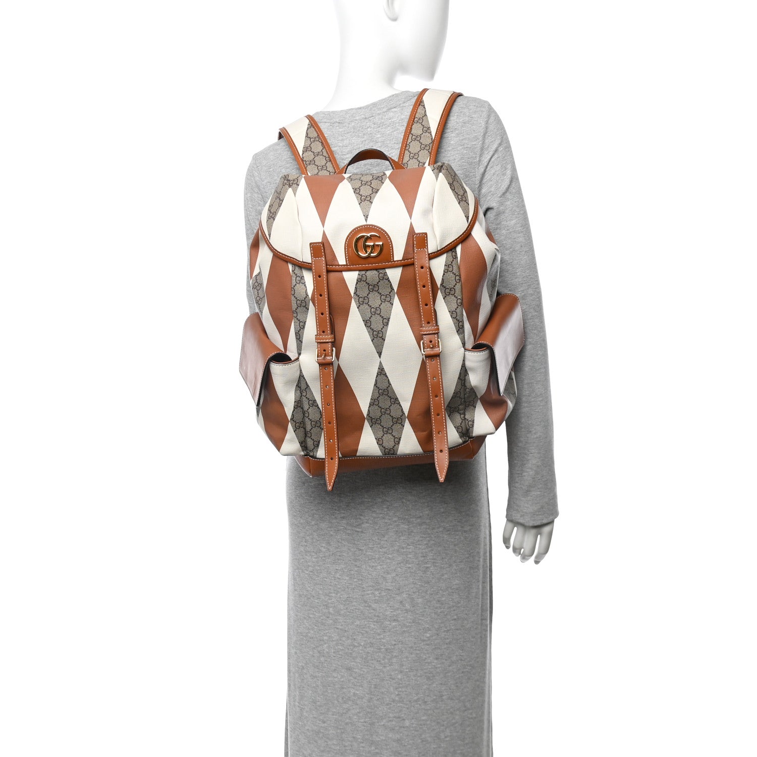 Gucci GG Supreme Monogram Calfskin Rhombus Print Medium Ophidia Double Buckle Backpack Beige Ebony Mystic White Hazel Brown 2 of 11