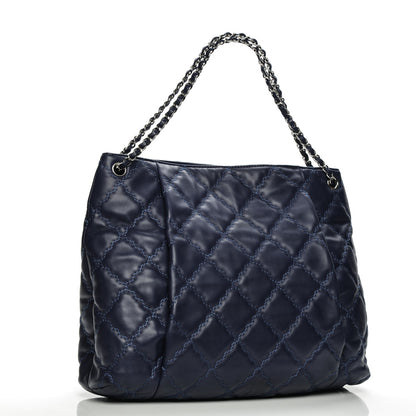 Chanel Calfskin Double Stitch Large Hamptons Shopping Tote Dark Blue 3 of 8