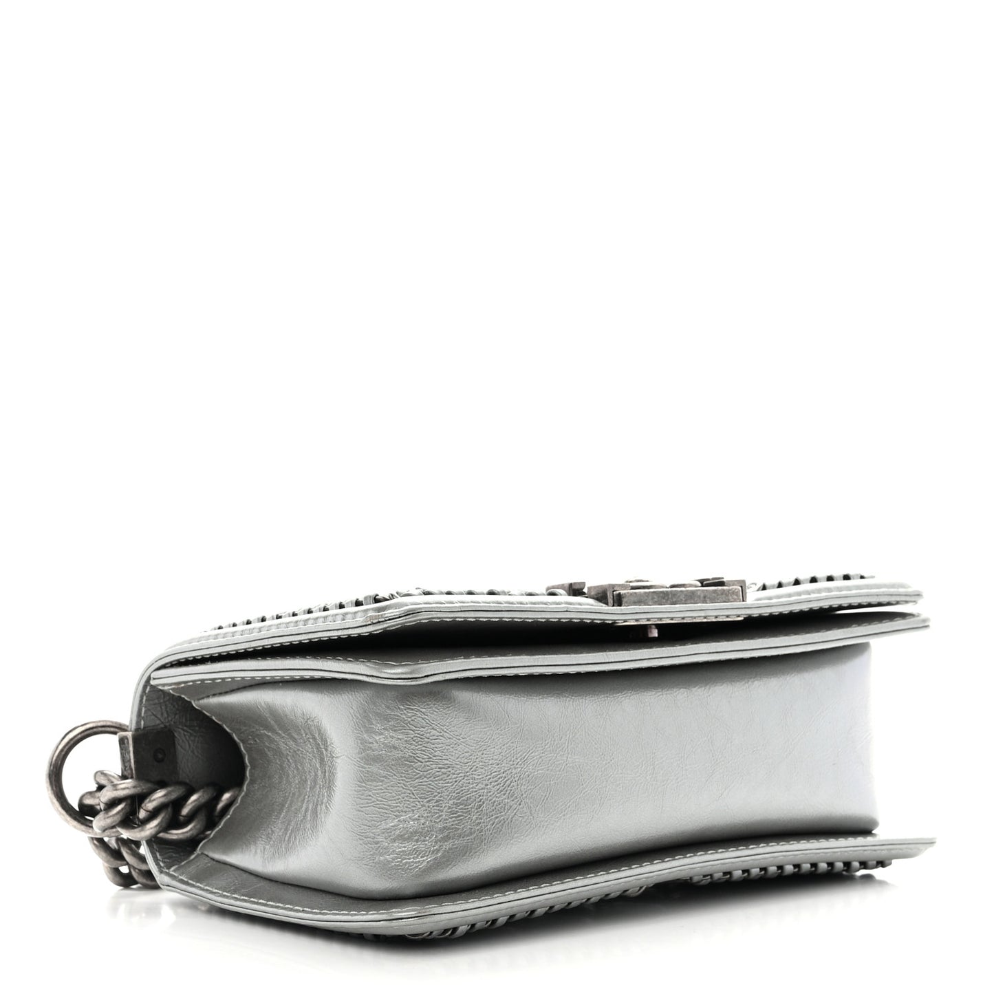 Metallic Aged Calfskin Quilted Small Top Handle Boy Flap Silver