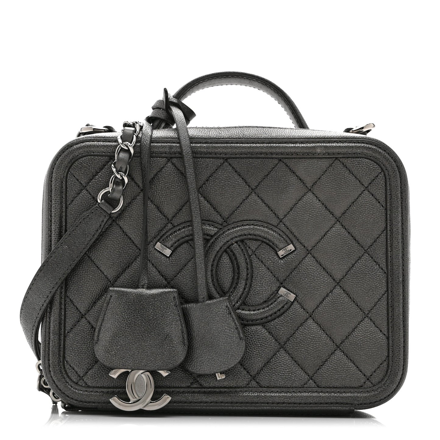 Metallic Caviar Quilted Medium CC Filigree Vanity Case Dark Silver