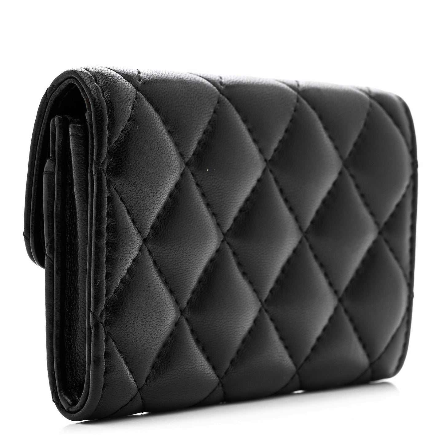 Lambskin Quilted Flap Card Holder Wallet Black