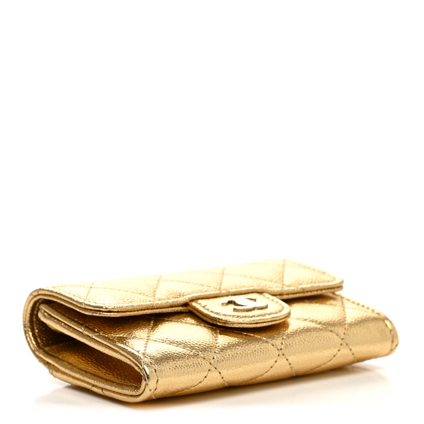 Metallic Caviar Quilted Flap Card Holder Wallet Gold