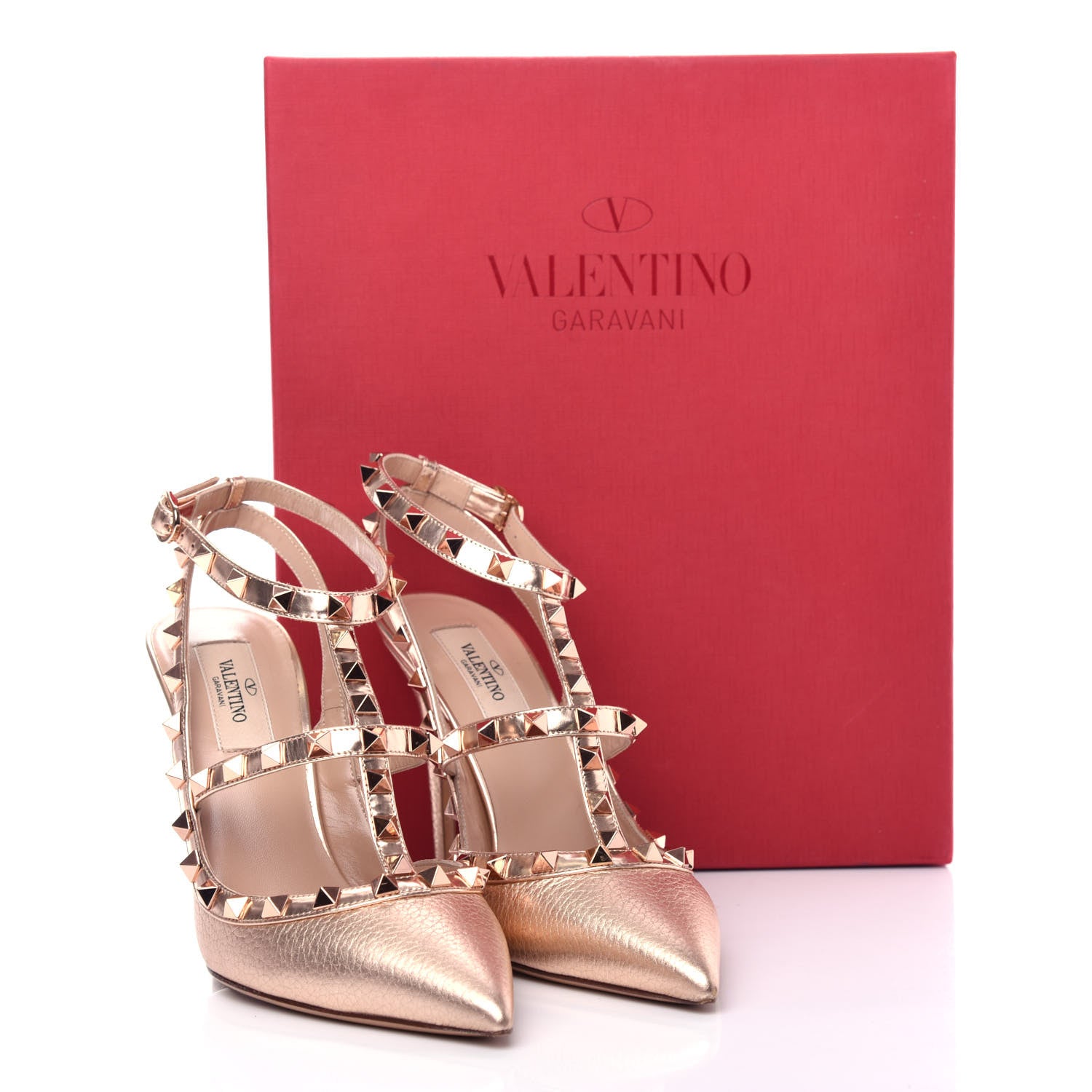 Valentino Garavani Metallic Pebbled Calfskin Rockstud Ankle Strap 100mm Pumps 38 Rame 11 of 12