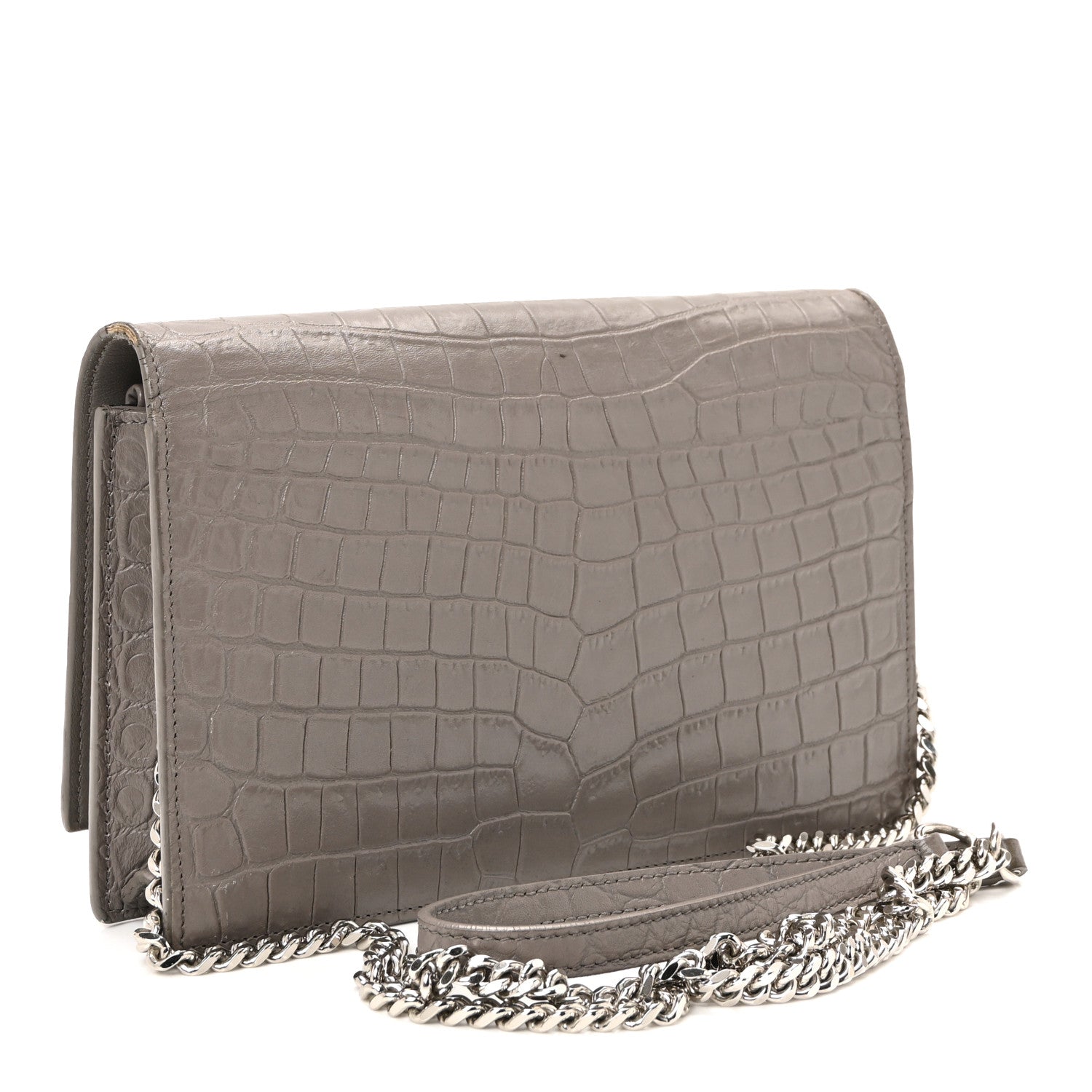Saint Laurent Calfskin Crocodile Embossed Kate Monogram Tassel Chain Wallet Fog 3 of 9