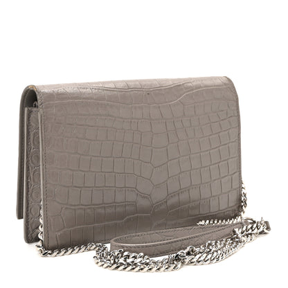 Saint Laurent Calfskin Crocodile Embossed Kate Monogram Tassel Chain Wallet Fog 3 of 9
