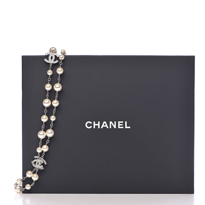 Chanel Graduated Pearl Crystal CC Long Necklace Silver 5 of 5
