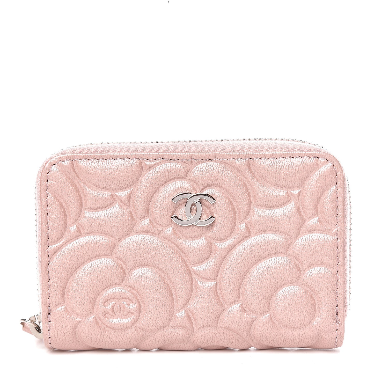Goatskin Camellia Embossed Zip Coin Purse Light Pink