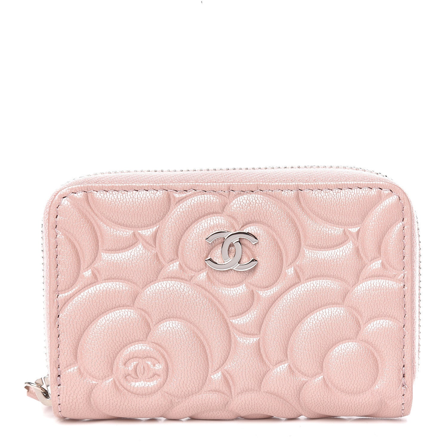 Chanel Goatskin Camellia Embossed Zip Coin Purse Light Pink 1 of 8