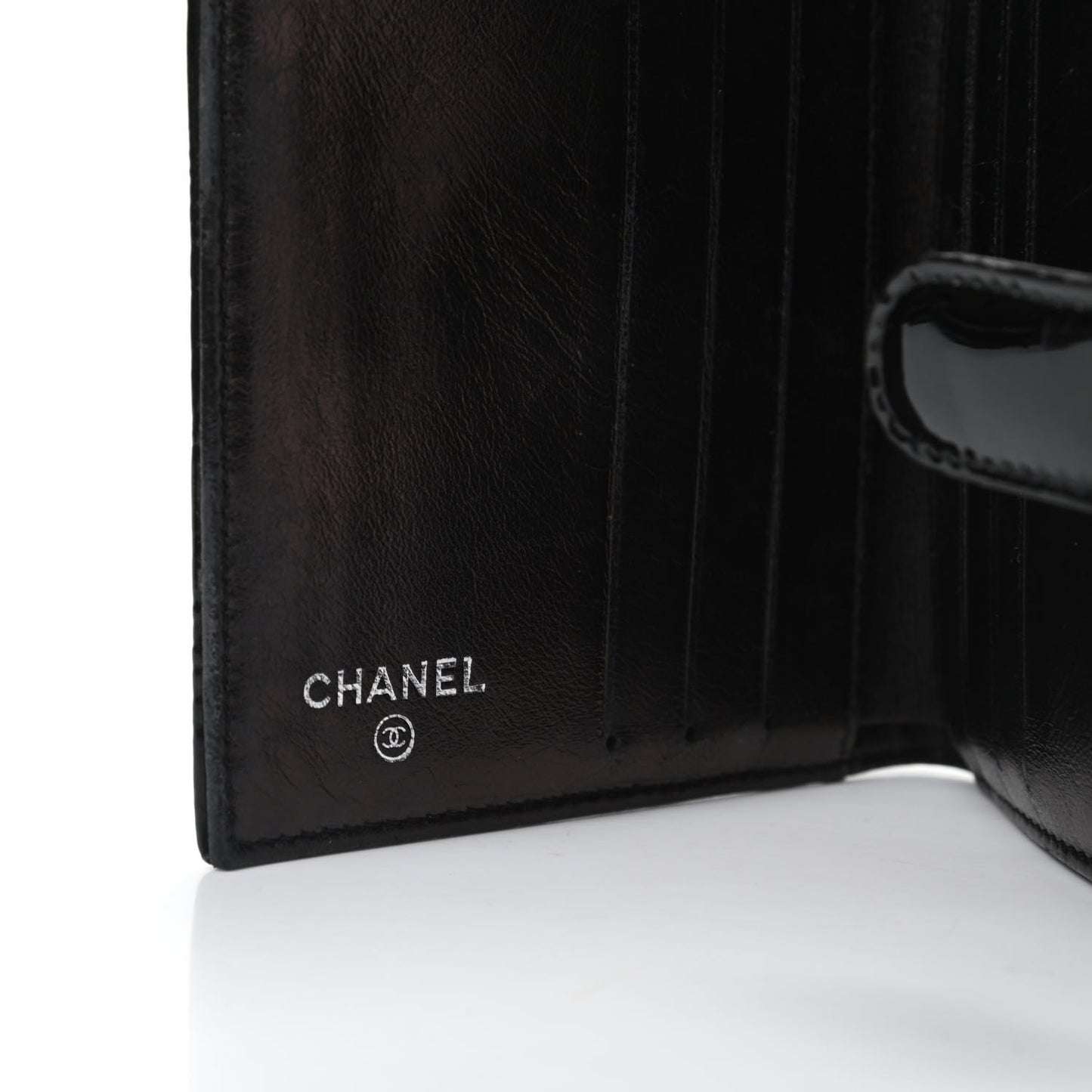 Patent Calfskin Lucky Symbols Compact French Flap Wallet Black