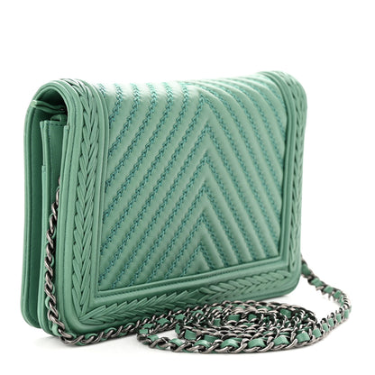 Chanel Calfskin Chevron Quilted Braided Boy Wallet On Chain WOC Blue 3 of 13