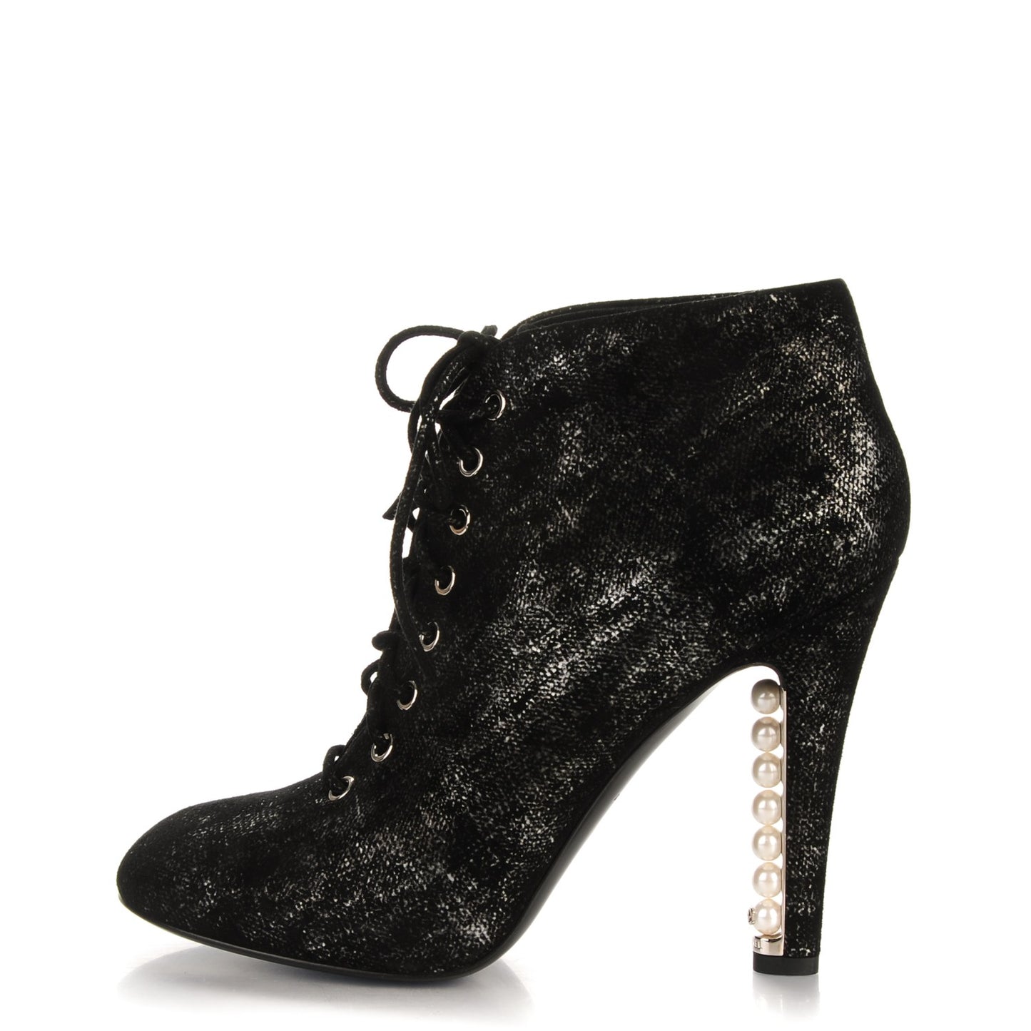 Iridescent Calfskin Pearl Lace Up Short Boots 39.5 Black