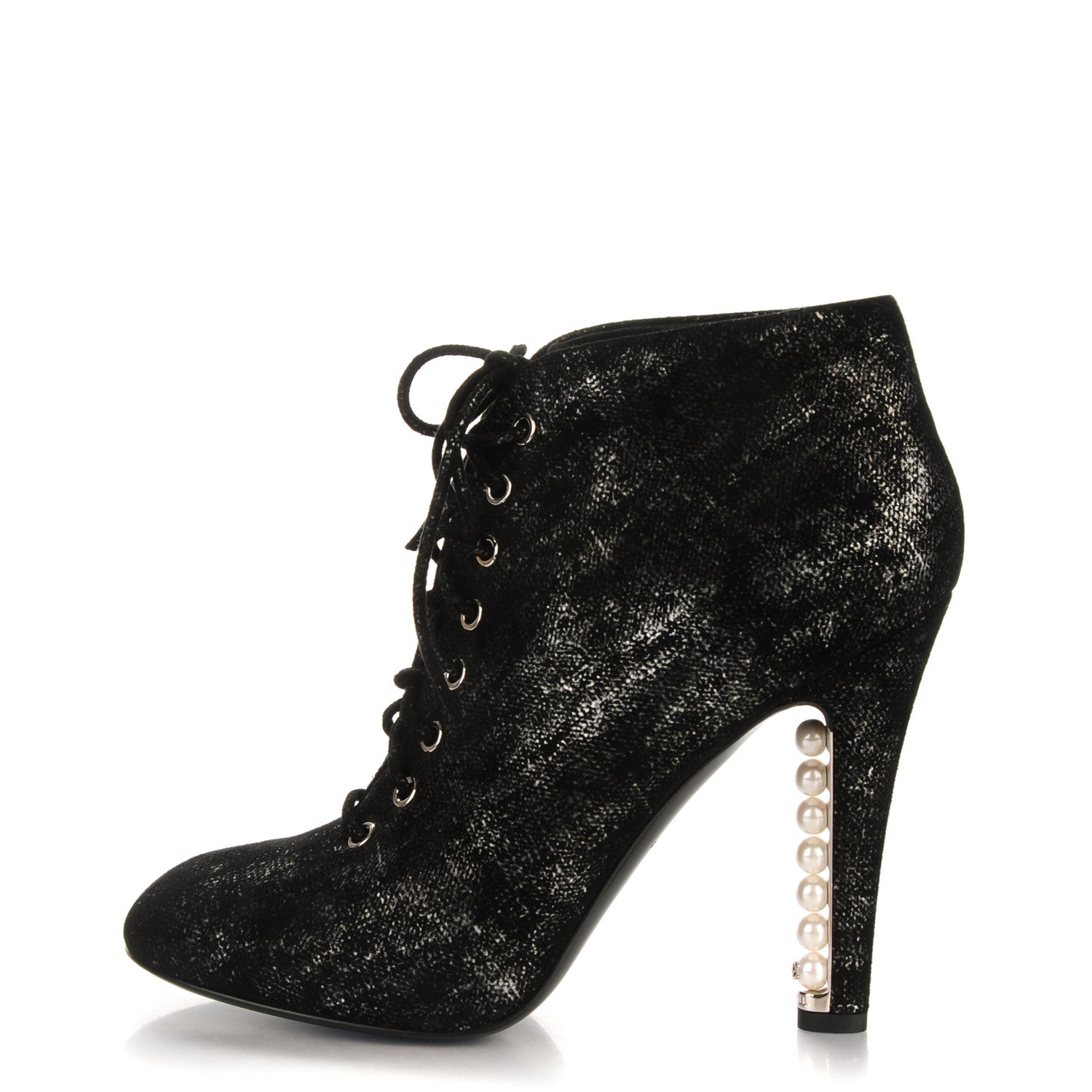 Chanel Iridescent Calfskin Pearl Lace Up Short Boots 39.5 Black 1 of 8