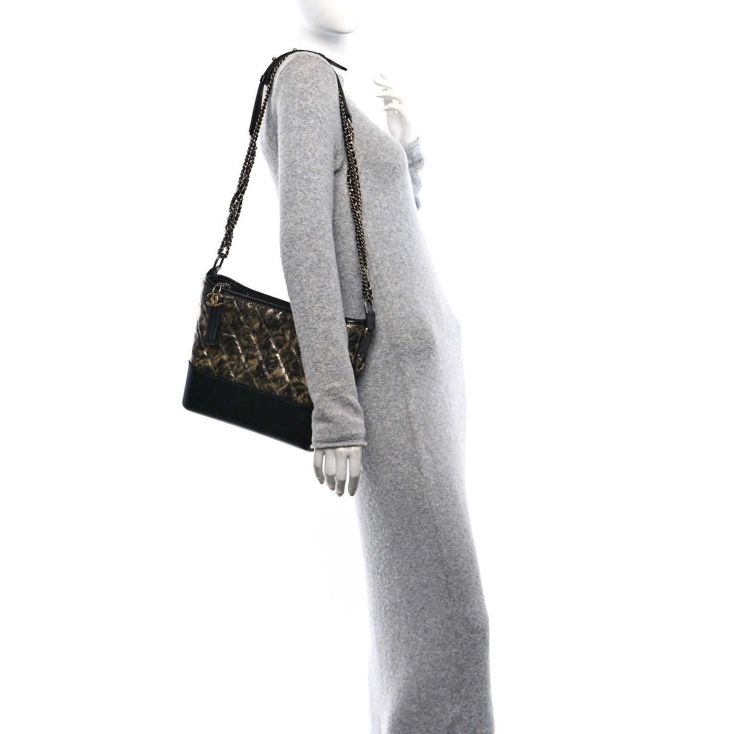 Chanel Metallic Crumpled Goatskin Quilted Medium Gabrielle Hobo Black Gold 2 of 10