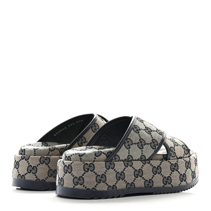 Gucci Monogram Criss Cross Platform Slide Sandals 34.5 Beige Blue 4 of 11