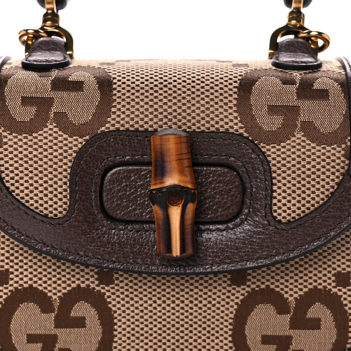Monogram Jumbo GG Textured Dollar Calfskin Web Mini Bamboo 1947 Top Handle Bag Camel Ebony New Acero