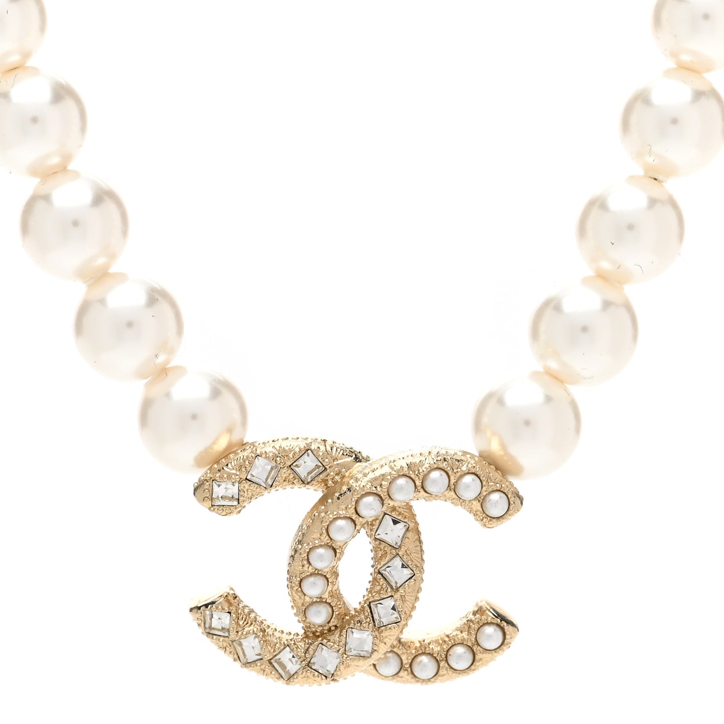 Pearl Crystal Chain CC Necklace Gold