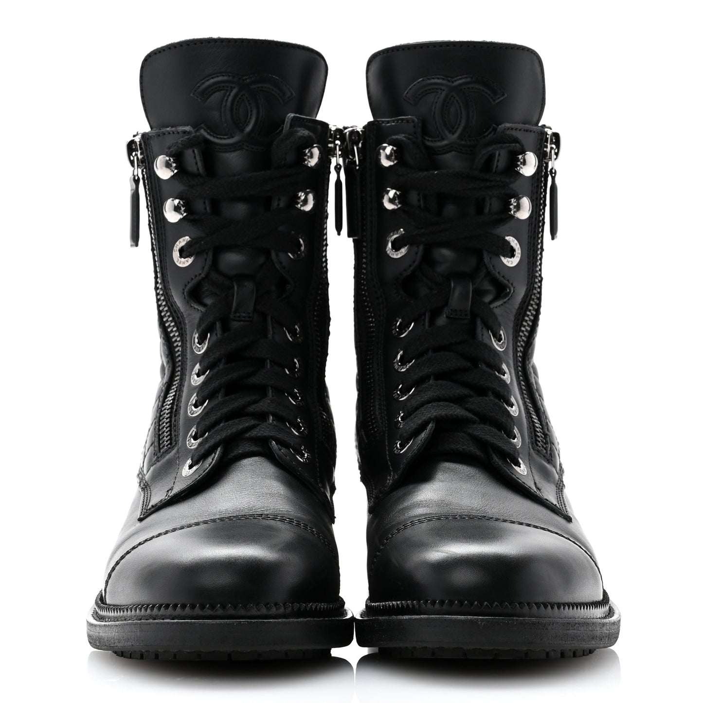 Calfskin Quilted Lace Up Combat Boots 38 Black
