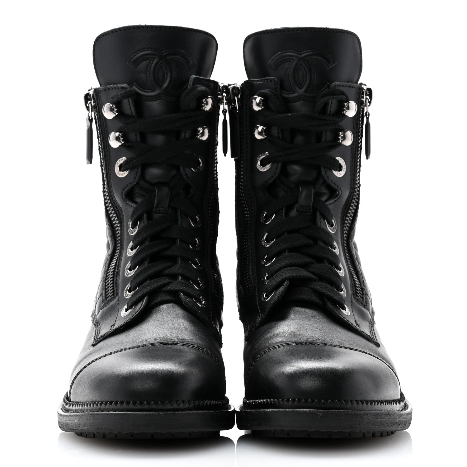 Chanel Calfskin Quilted Lace Up Combat Boots 38 Black 2 of 13
