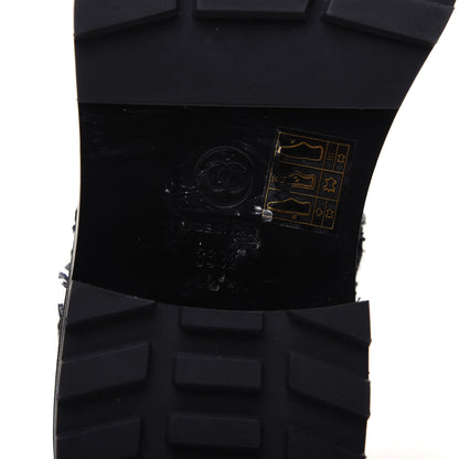 Chanel Tweed Patent Calfskin Pearl Combat Short Boots 36.5 Black Grey Blue 10 of 10