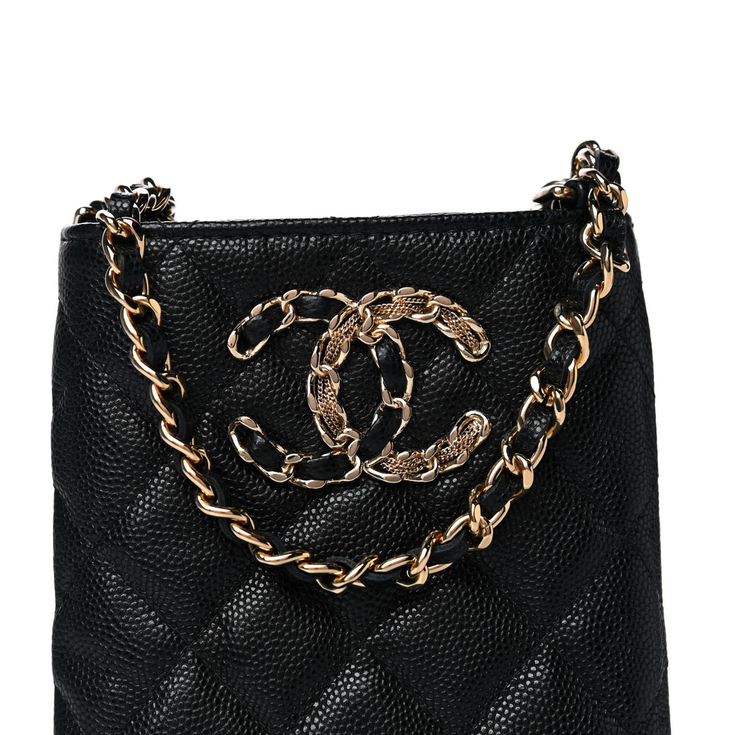 Caviar Quilted French New Wave Phone Holder With Chain Black