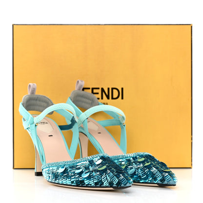 Fendi Organza Sequin Paillettes Colibri Lite 85mm Slingback Pumps 38.5 Nudo Blue Tiffany Blue 15 of 15
