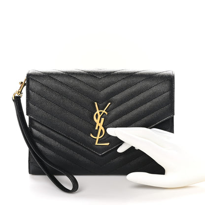 Saint Laurent Grain De Poudre Matelasse Chevron Monogram Envelope Clutch Black 2 of 8