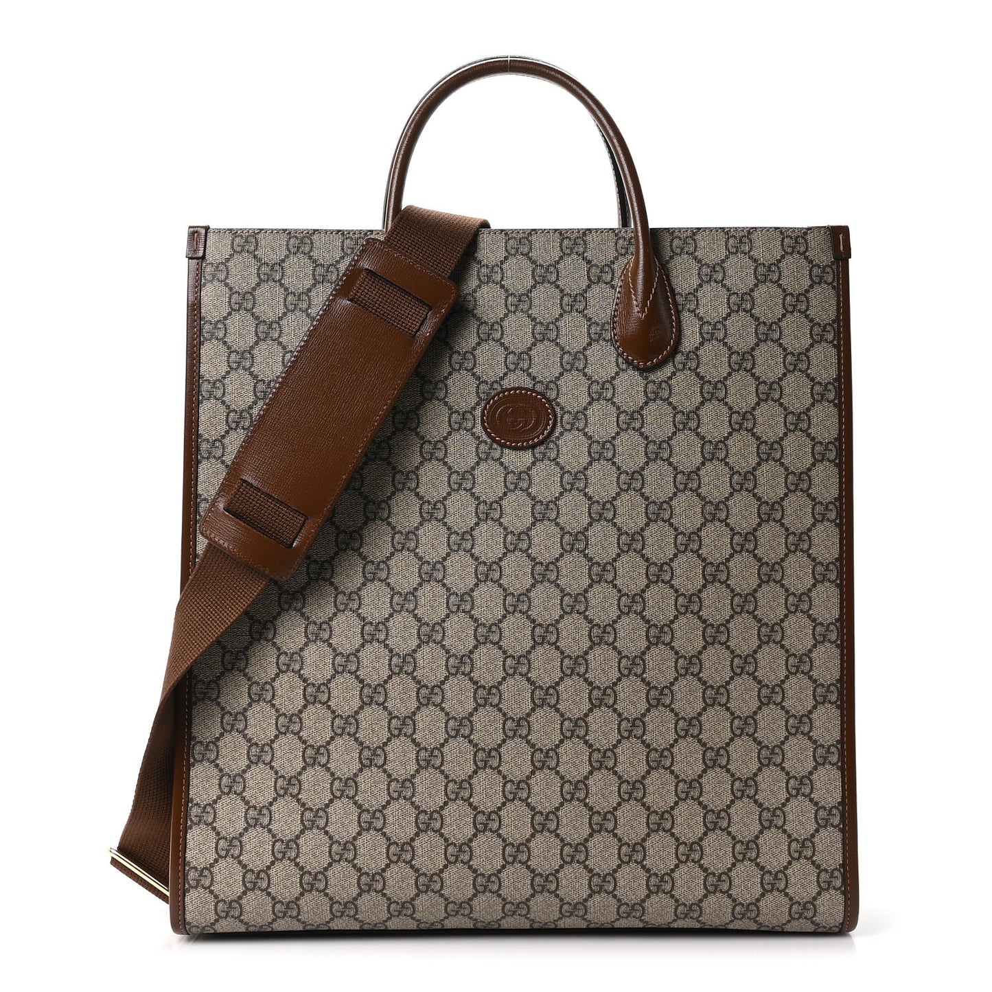 GG Supreme Monogram Textured Dollar Calfskin Medium Retro Interlocking G Vertical Tote Bag Beige Ebony Brown Sugar