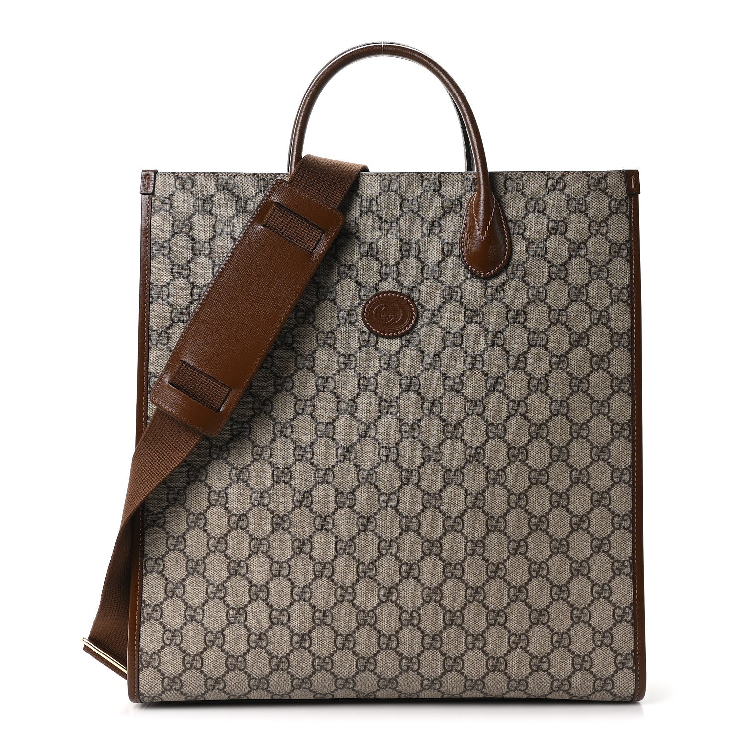 Gucci GG Supreme Monogram Textured Dollar Calfskin Medium Retro Interlocking G Vertical Tote Bag Beige Ebony Brown Sugar 1 of 10