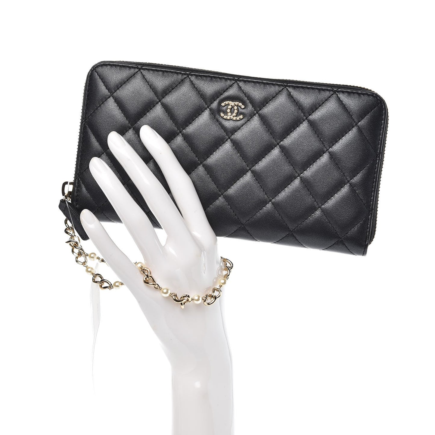Lambskin Zip Around Large Gusset Wallet With Pearl Chain Black