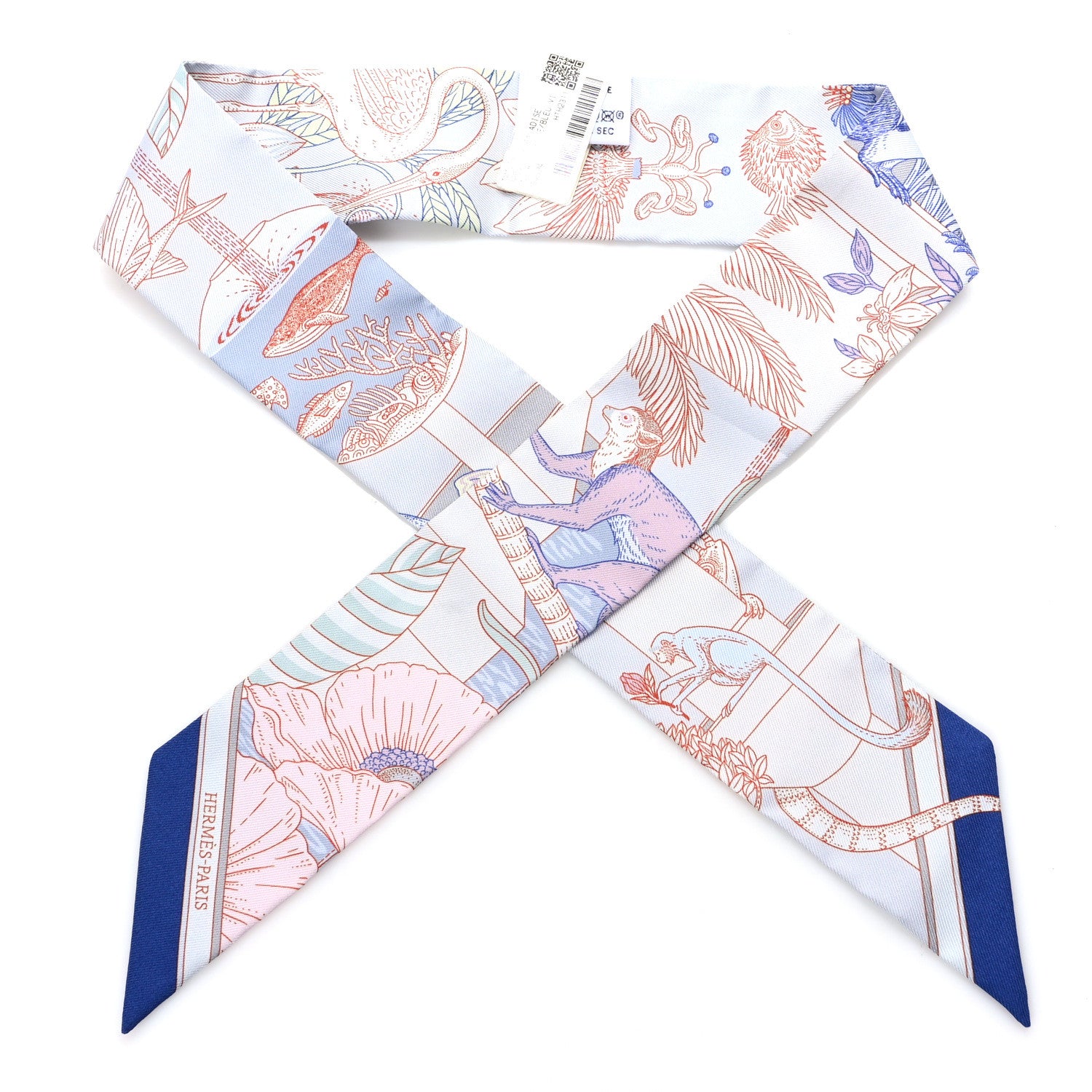 Hermes Silk Precious Paradise Twilly Gris Perle Bleu Vif Rose Pale 1 of 3