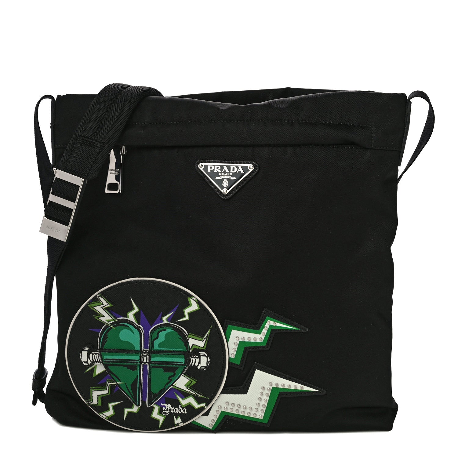 Prada X UNIVERSAL STUDIOS Tessuto Nylon Montagna Frankenstein Heart Small Crossbody Bag Black Smeraldo 1 of 14