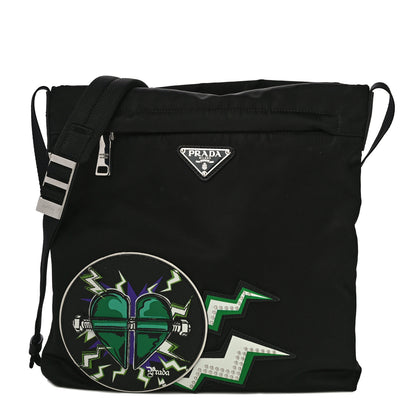 Prada X UNIVERSAL STUDIOS Tessuto Nylon Montagna Frankenstein Heart Small Crossbody Bag Black Smeraldo 1 of 14
