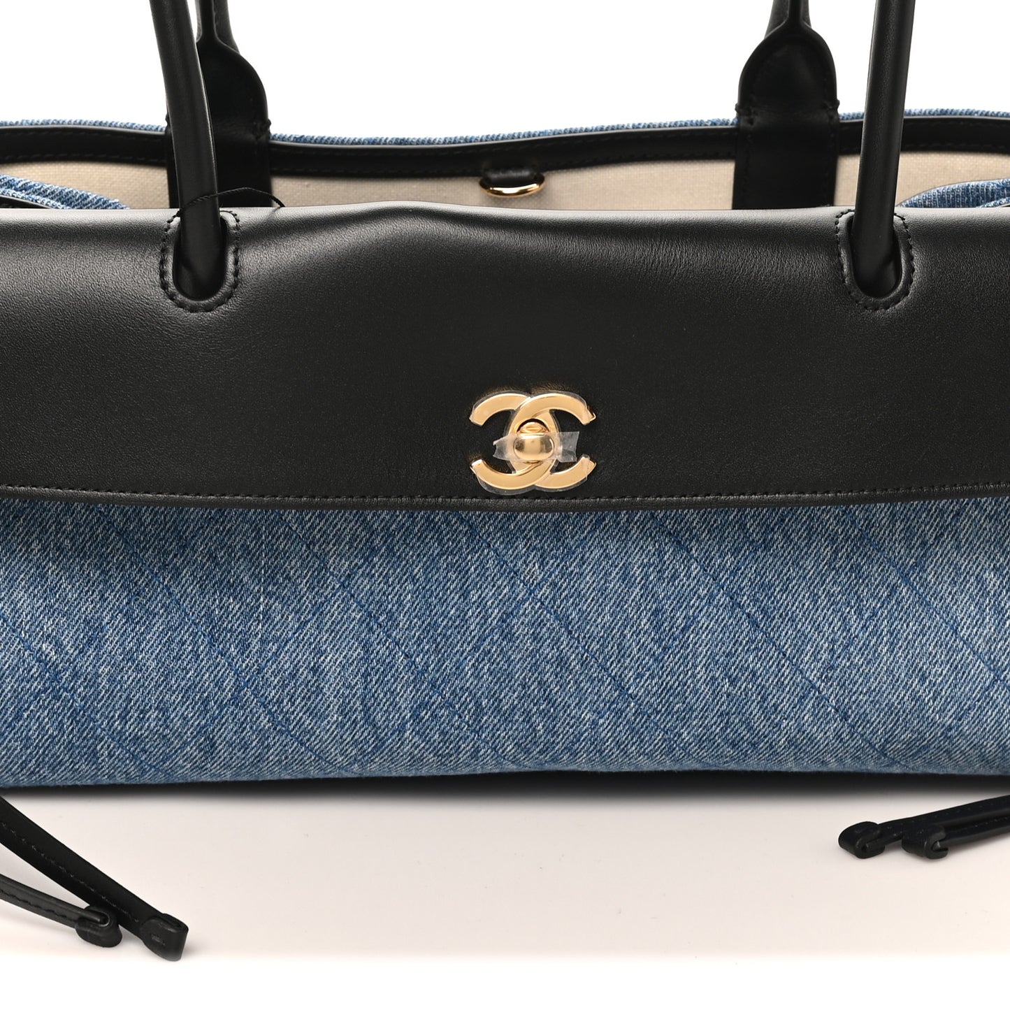 Calfskin Denim Stitched Urban Essentials Small Shopping Bag Blue Black