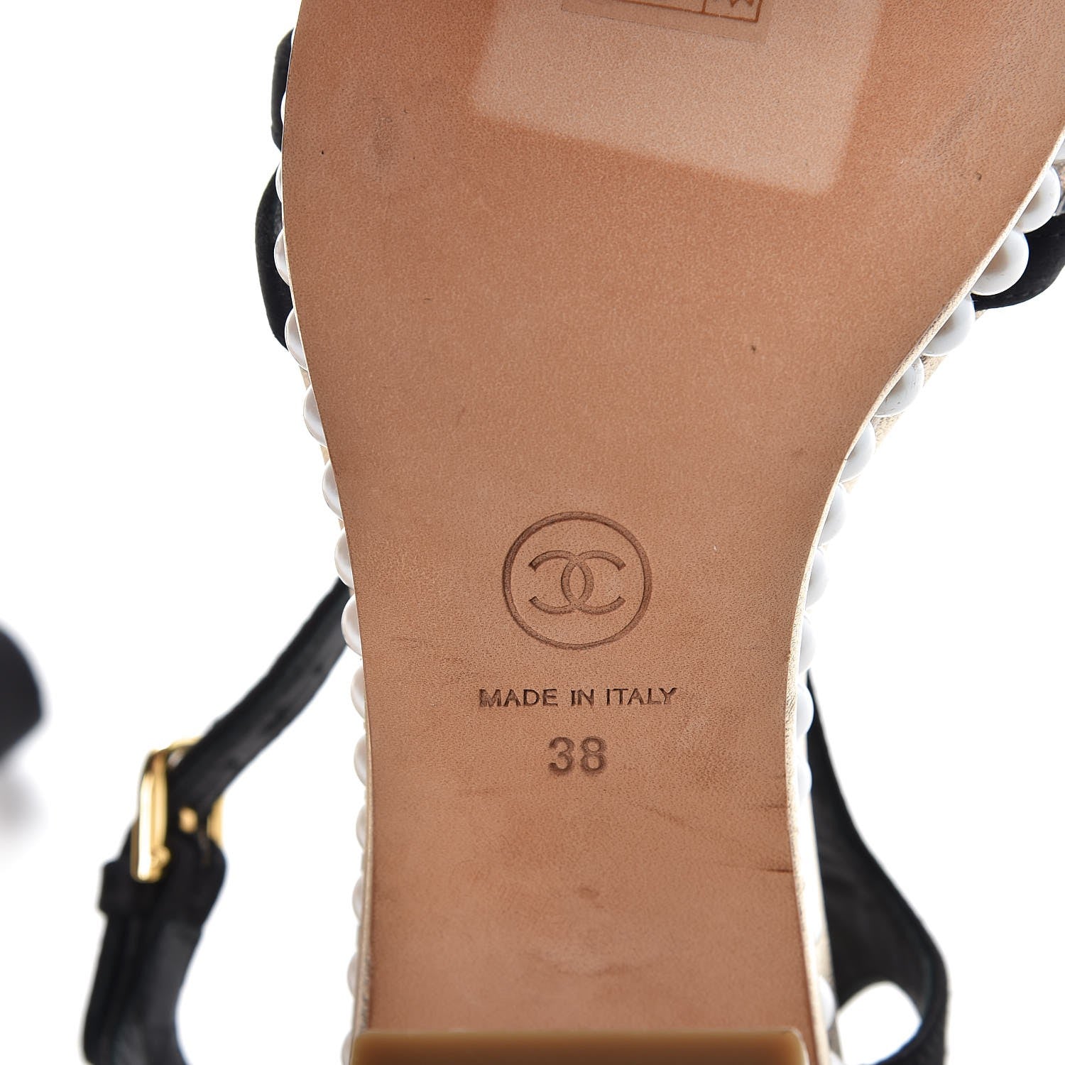 Chanel Metallic Lambskin Satin Pearl Strappy Sandals 38 Black Gold 8 of 9