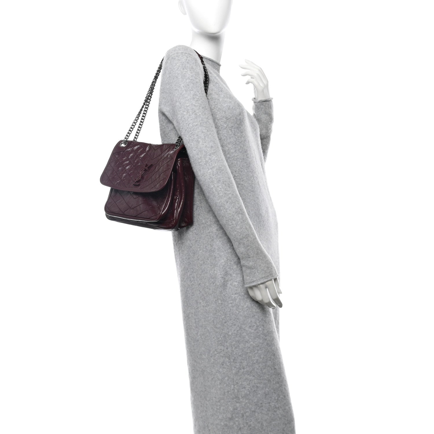 Saint Laurent Crinkled Calfskin Matelasse Monogram Medium Niki Chain Satchel Rouge Legion 2 of 13