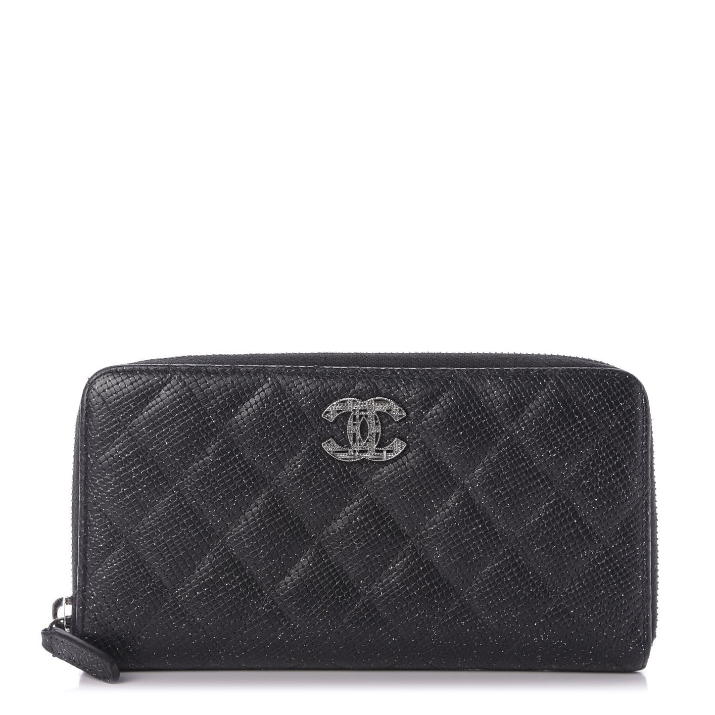 Glittered Calfskin Quilted Large Gusset Zip Wallet Black