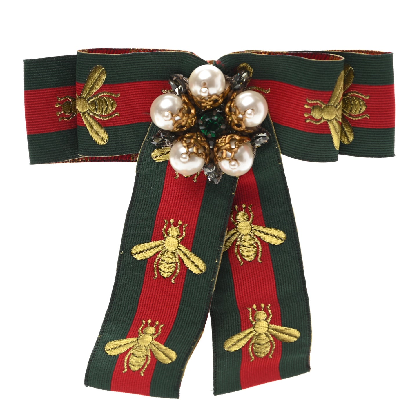 Ribbon Web Bow Bee Pearl Brooch Red Green