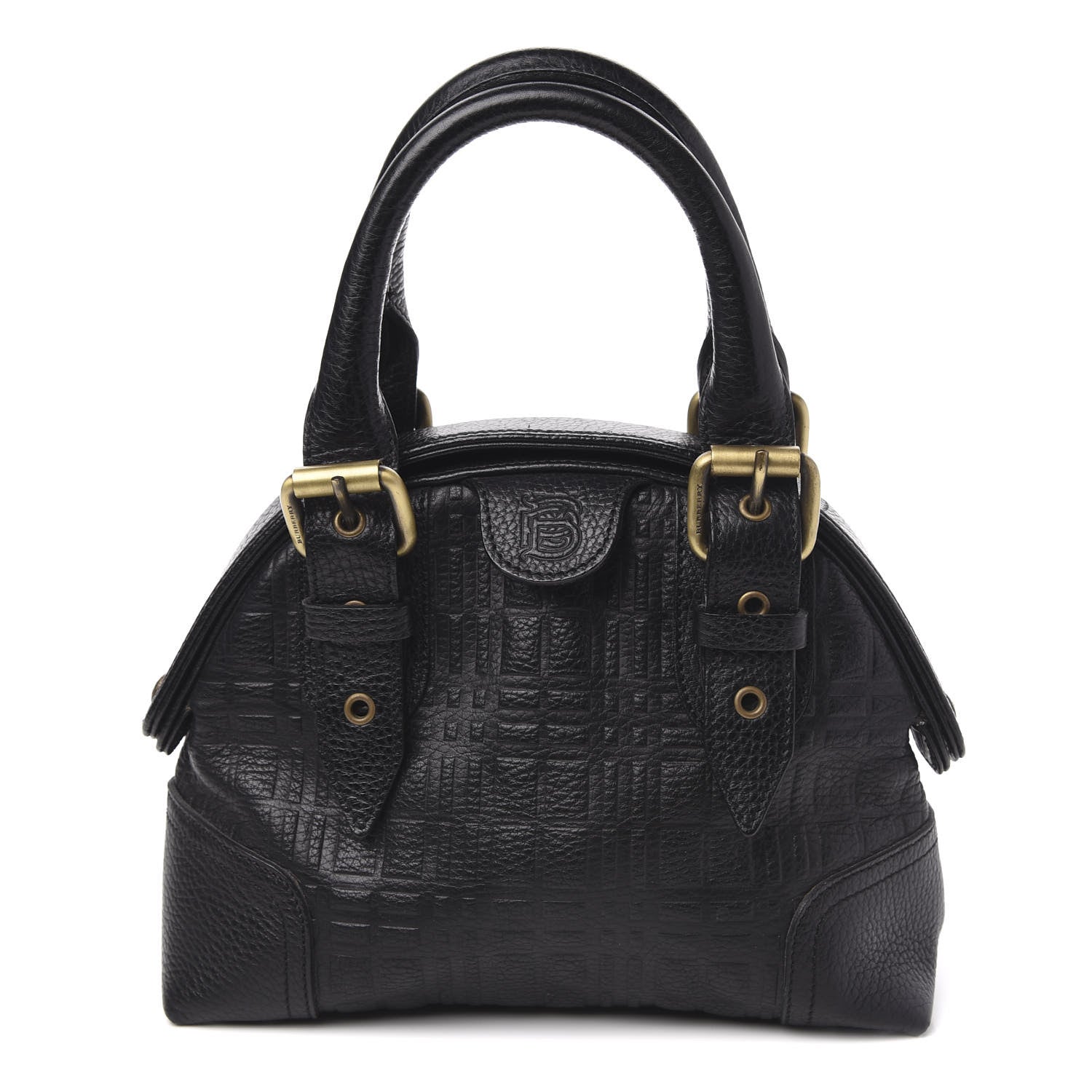 Burberry Signature Grain Calfskin Check Embossed Top Handle Bag Black 1 of 9