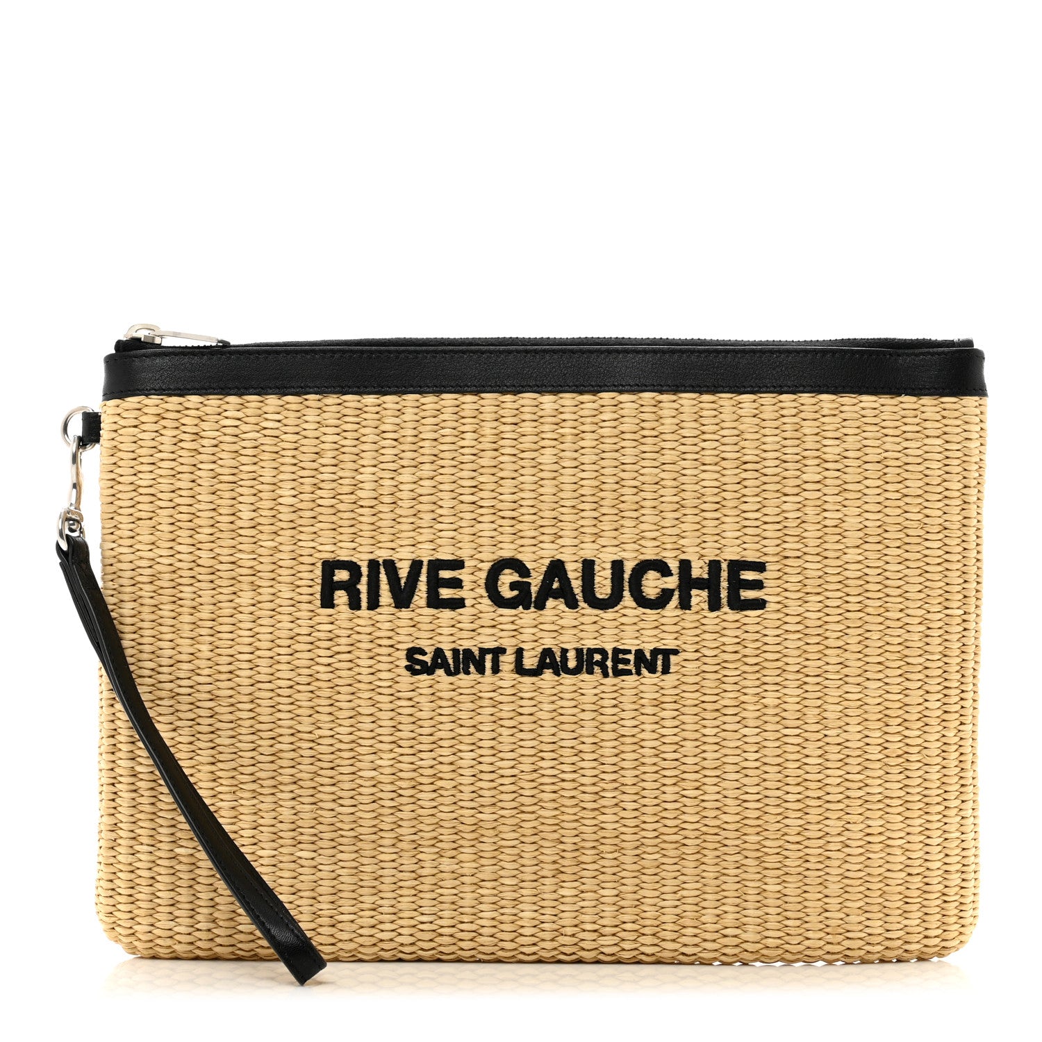 Saint Laurent Raffia Calfskin Rive Gauche Zipped Pouch Naturale Black 1 of 7