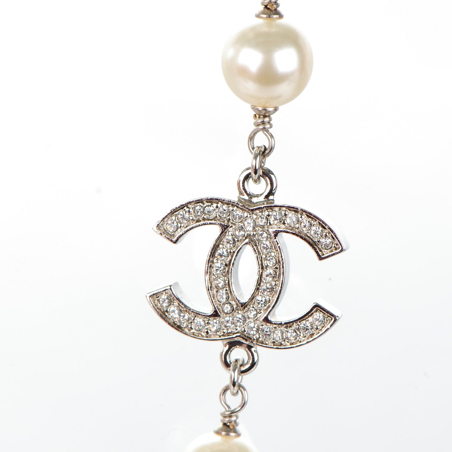 Crystal Pearl CC Long Necklace Silver